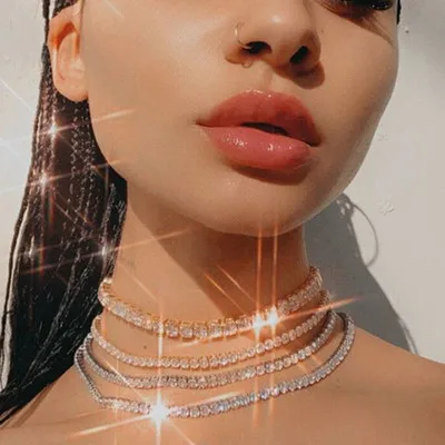

2021 Newest Shiny CZ Zircon Tennis Claw Chain Necklace Layered Rhinestone Crystal Tennis Chain Choker Necklace For Women
