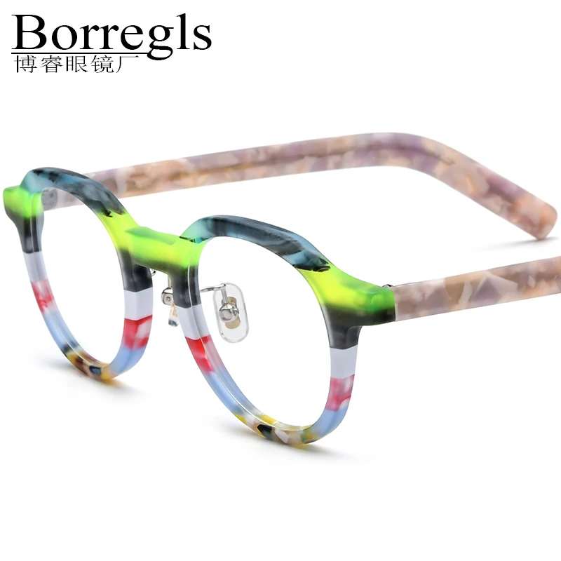 Borregls Multicolor Matte Acetate Glasses Frame Women 2025 Fashion Round Eyeglasses Optical Spectacle Retro Men Eyewear 19368