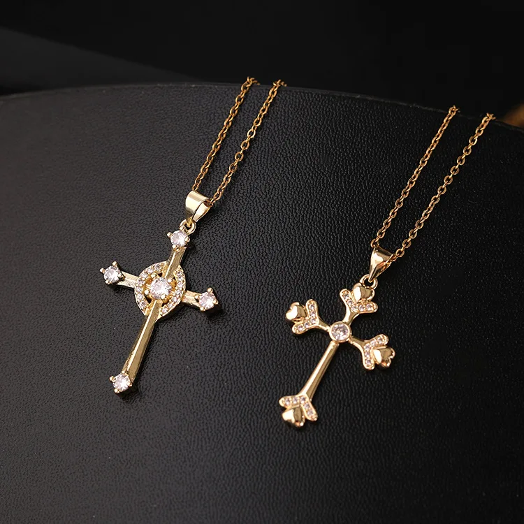 

Creative 24K Gold Geometric CZ Stone Cross Pendant Necklace Religious Micro Pave Zirconia Heart Cross Necklace For Christian