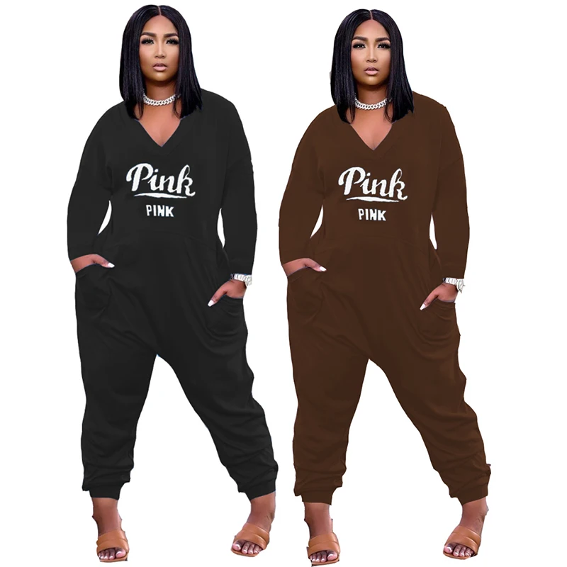 

Fall winter clothing letter print casual loose jumpsuit plus size jumpsuits for women rompers, Brown,black