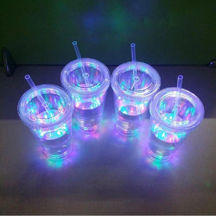 

transparent plastic color LED Double Wall clear Tumbler with lid straw 16oz 500mL festival flash drinkware Light Up LED mug Cup
