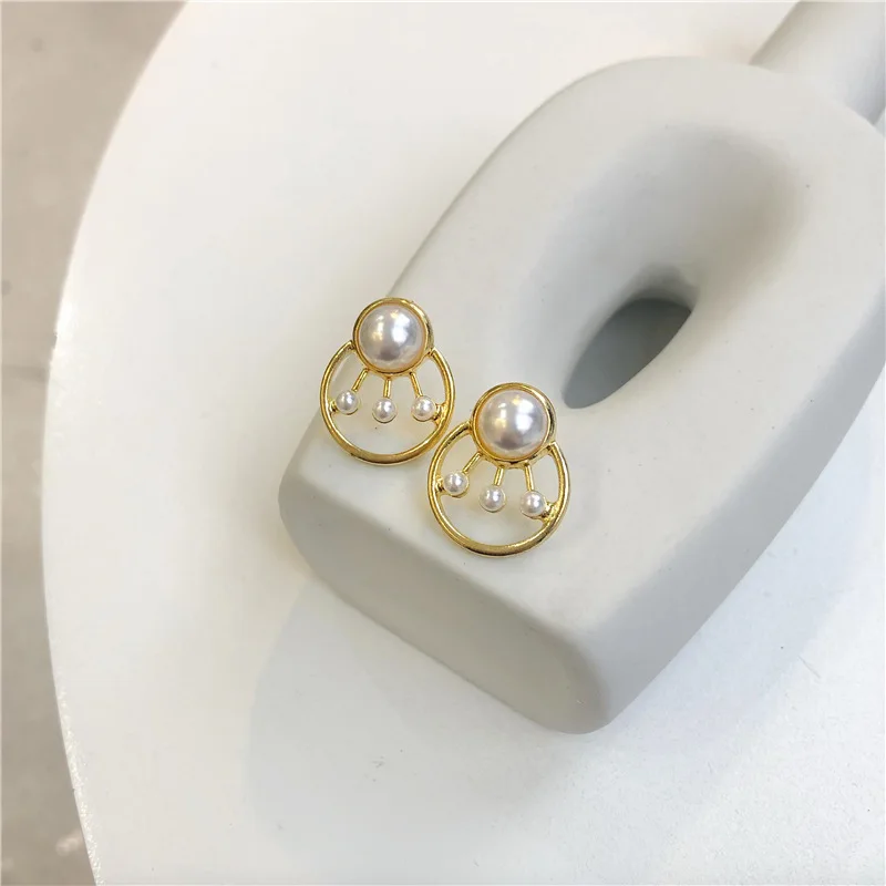 

JUHU New round pearl earrings gold geometric earrings alloy S925 silver needle jewelry for women