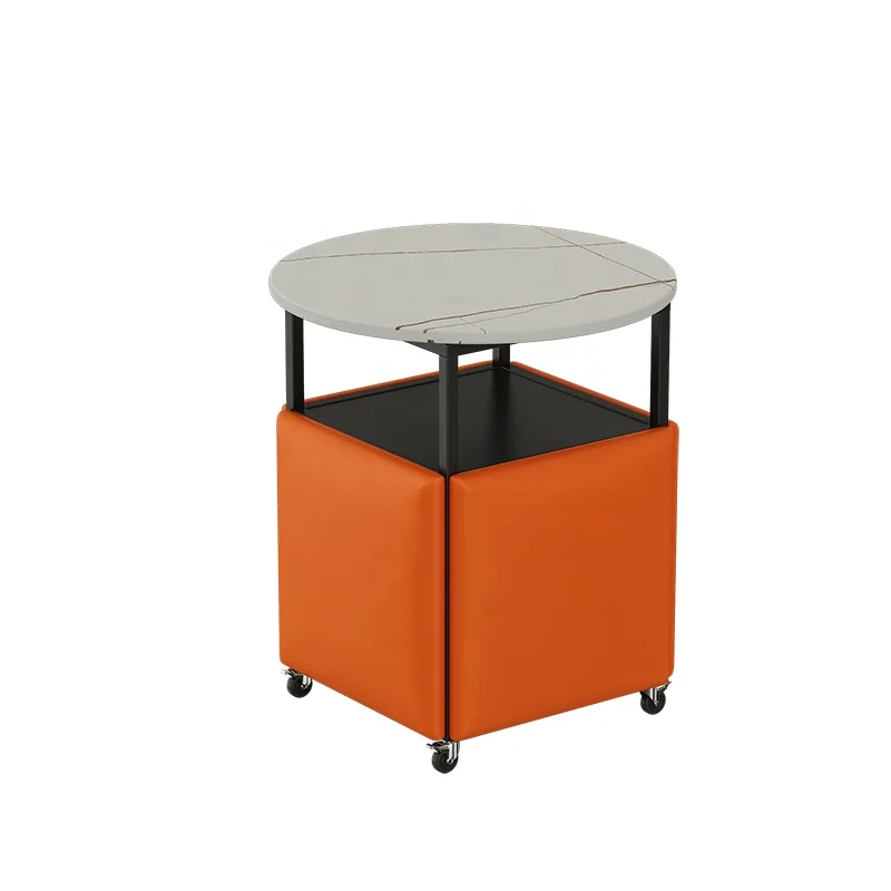 
The modern minimalist corner table contains 4 stools for leisure afternoon coffee and orange stools 