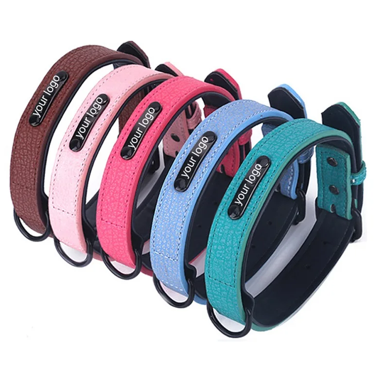 

Drop shipping oem Laser engraved logo pu buckle rolled luxury vegan leather dog collar with free custom, Pink/brown/green/blue/rose red/black