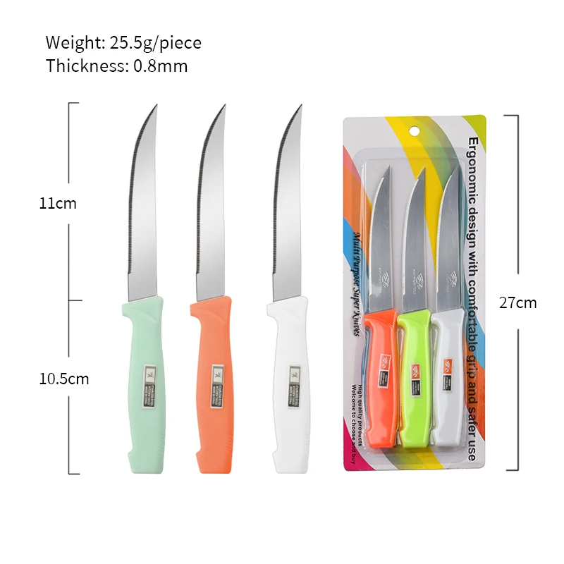 

3 Piece Serrated Steak Knife Set Kitchen Knife Kitchen Tools Wholesale Plastic Handle Stainless Steel Metal Smart Knives