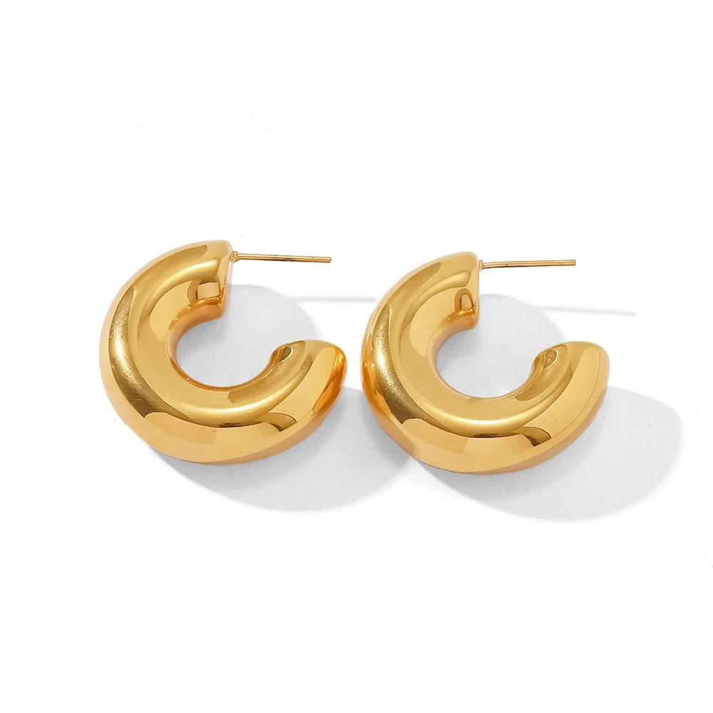 18k Gold Plated Stainless Steel C Shape Hollow Shiny Stud Fashion Big Hoop Earrings For Women