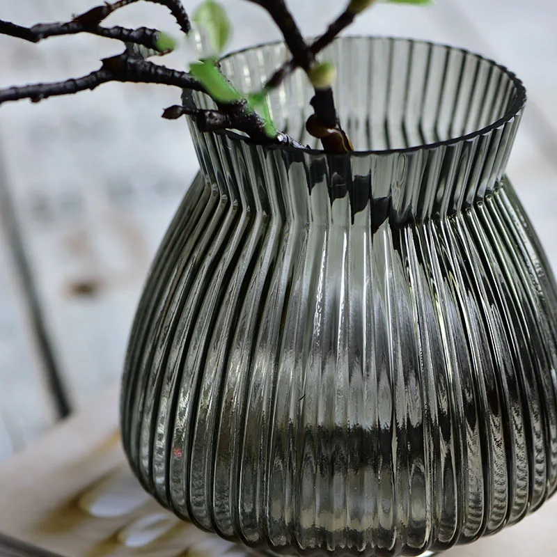 

European Modern Gray Striped Glass Vase With Flowers , Office Interior Decoration Vases, As photo