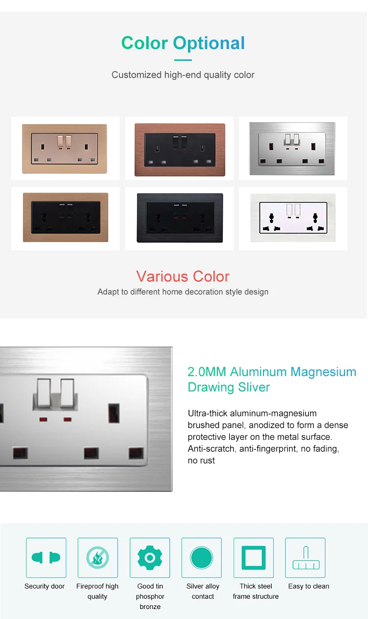 Electrical Sockets and Switches UK Standard Grounding Universal Switch Socket Wall Socket Gold Champagne USB Aluminum CE SM-A-01