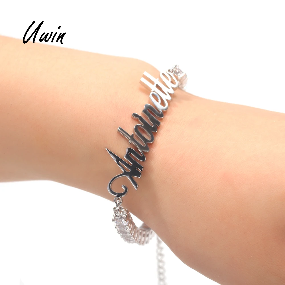 

2020 Stainless Steel Name Plate Jewelry CZ Tennis Chain Bracelet Anklet Personalised For Women, Gold and silver color
