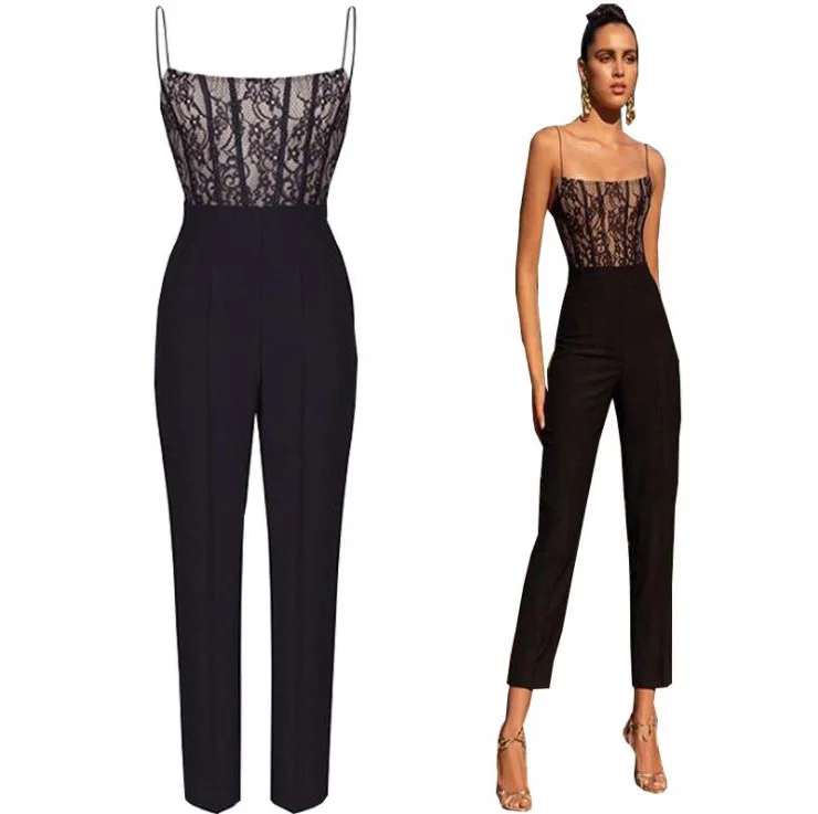 

2021 Summer European American new style women's hot sexy lace sling sleeveless fashion black jumpsuit, Customized color