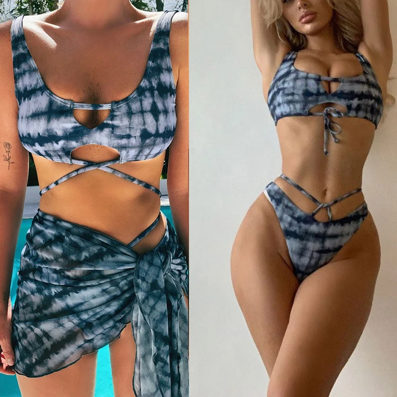 

Tie-Dye Print 3 Piece Swimsuit Female Sexy Mesh Swimwear Women Knot Biquini Beach Wear Bathing Suit Bikini 2021