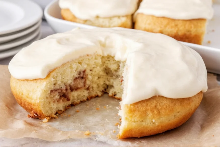 Assortment of perfectly frosted cinnamon buns on a wooden tray with coffee cup in background