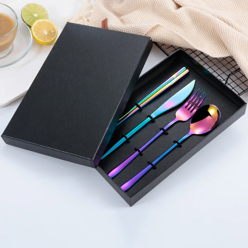 

304 stainless steel cutlery set Korean style long handle knife fork and spoon set 4pcs Western tableware hotel gift Flatware