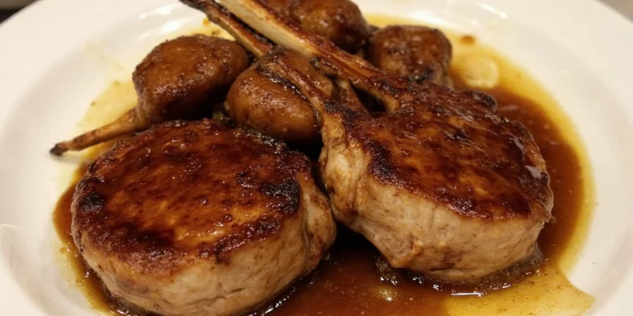 Cooking process of pork chops with balsamic glaze being applied
