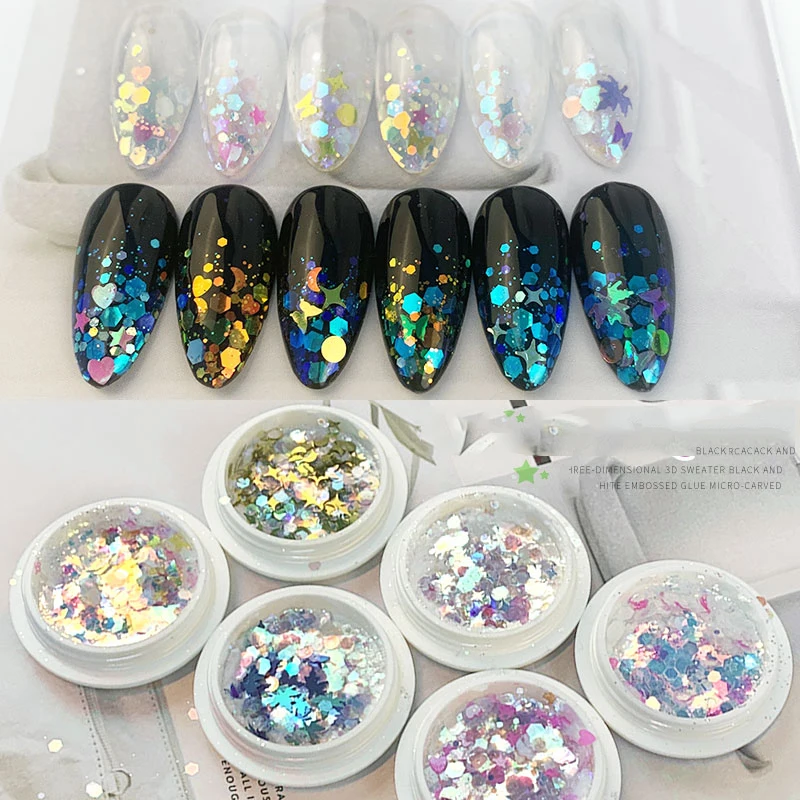 

6pcs Holographic Nail Glitter Sequins Mix Star Leaf Heart Hexagon Aurora Nail Paillette Laser Manicure Decorations For DIY Nails