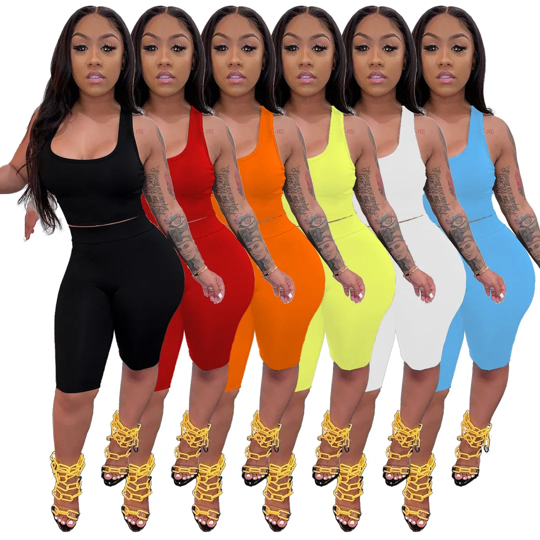 

2022 Summer Women Sleeveless Camisole Cropped Tank Top Biker Short Set Two Piece Outfits Matching Skinny Sporty Booty Shorts Set