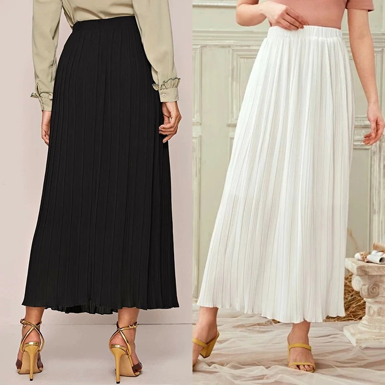 

Women Long Chiffon Maxi Pleated Skirt Autumn High Waist Elasticity Casual Party Midi Skirt Elastic Waist Solid Pleated Skirt