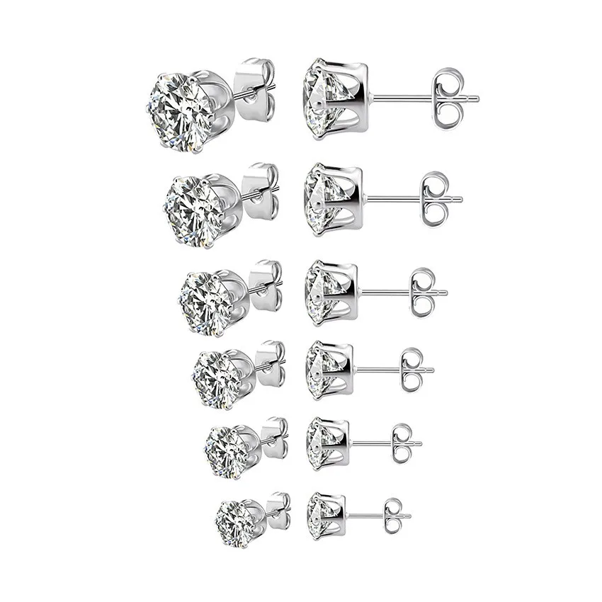 

Stainless Steel Stud Earrings Set Hypoallergenic Cubic Zirconia 18K White Gold 316L 6 Pairs 3-8mm CZ Earrings