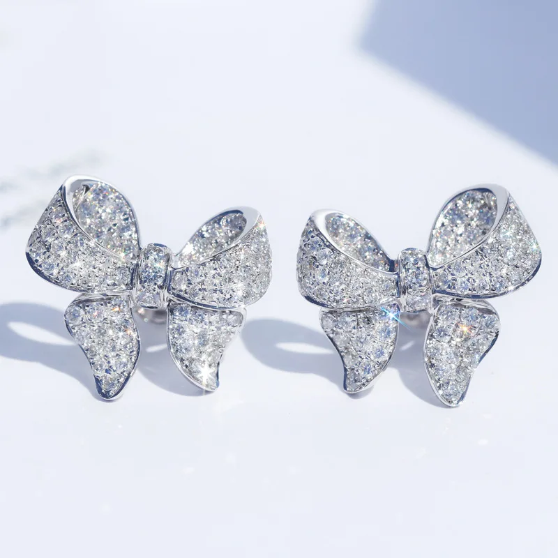 

Fashion Luxury 18K White Gold Plated Bow Knot Simulation Diamond Earrings Butterfly Stud Earrings Women, Silver