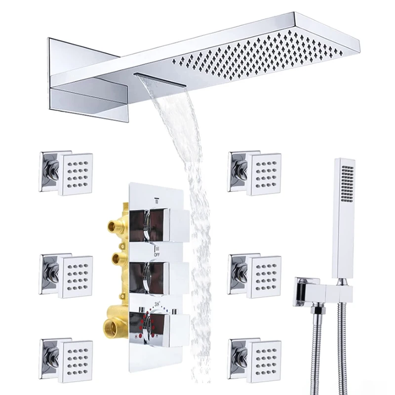 

HOMEDEC Waterfall Rainfall Brass Thermostatic Shower System Complete set with Body Jet
