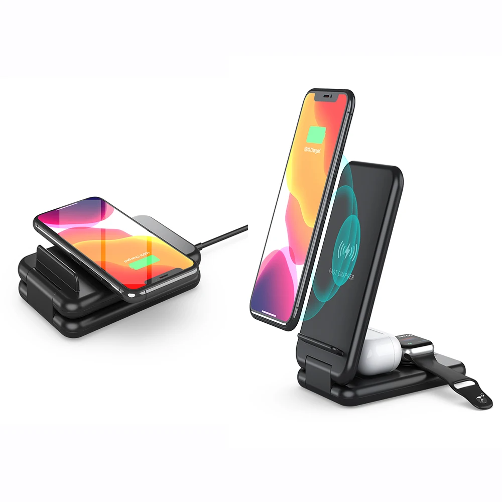 

Qi 15W Fast Foldable 3 in 1 Wireless Charger Stand for iPhone , 3in1 Wireless Charging Station Dock for Apple Watch for AirPods, Black, white, or custom color