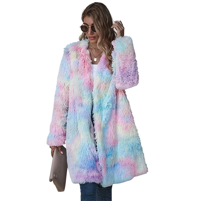 

2020 new arrivals winter collection women warm tie dye long sleeve ladies faux fur coat