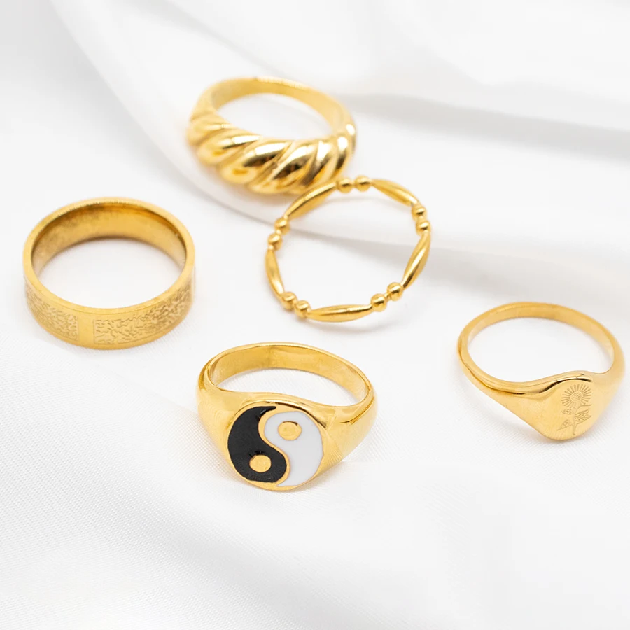 

Gold Plated Stainless Steel For Women Heart Shape Yin Yang Tai Chi Bagua Chunky Finger Rings