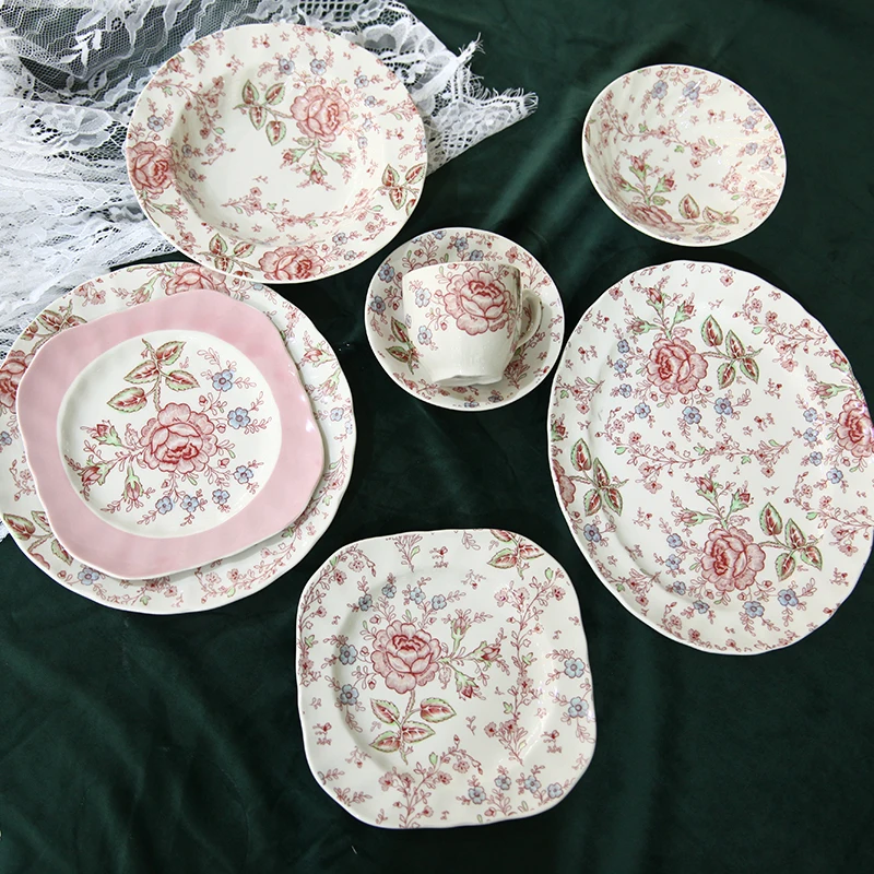 

Rose Pattern Underglaze Ceramic Tableware Set Dinner Plate Flower Underglaze Ceramic Noodle Bowl Rice Bowl Salad Bowl, White