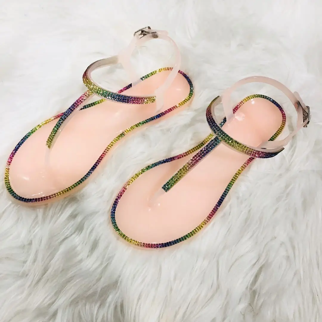 

Rainbow Rhinestone Woman Summer Flat Slippers Beach Sandal Shoes Slippers For Women Sandals, 2 colors