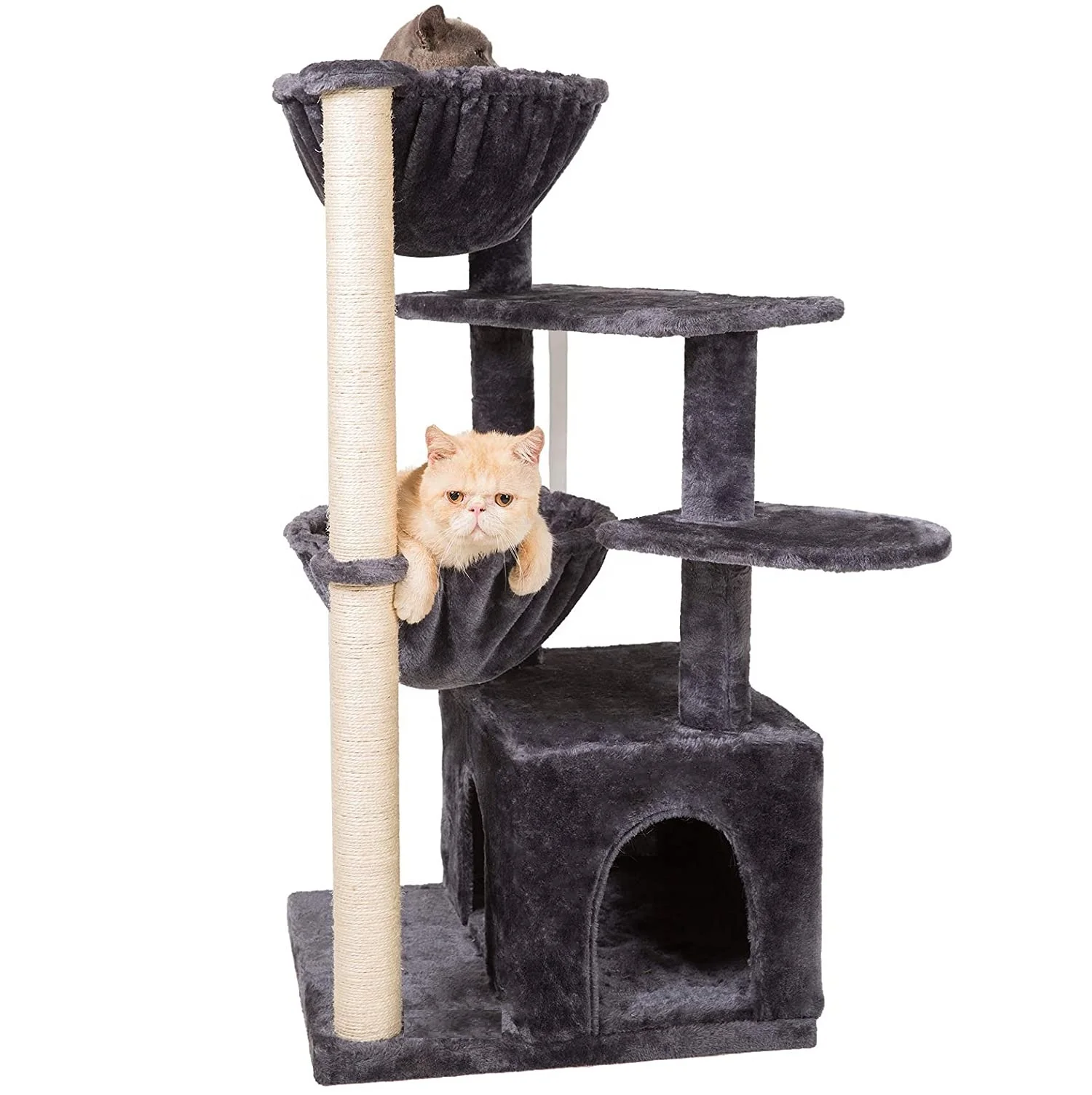 

Wholesale Pet Products Popular Medium Sisal Wooden Cat Tree in Pet Toys Plush Cat Hammock and Cat Scratching post, Beige/grey and customized color