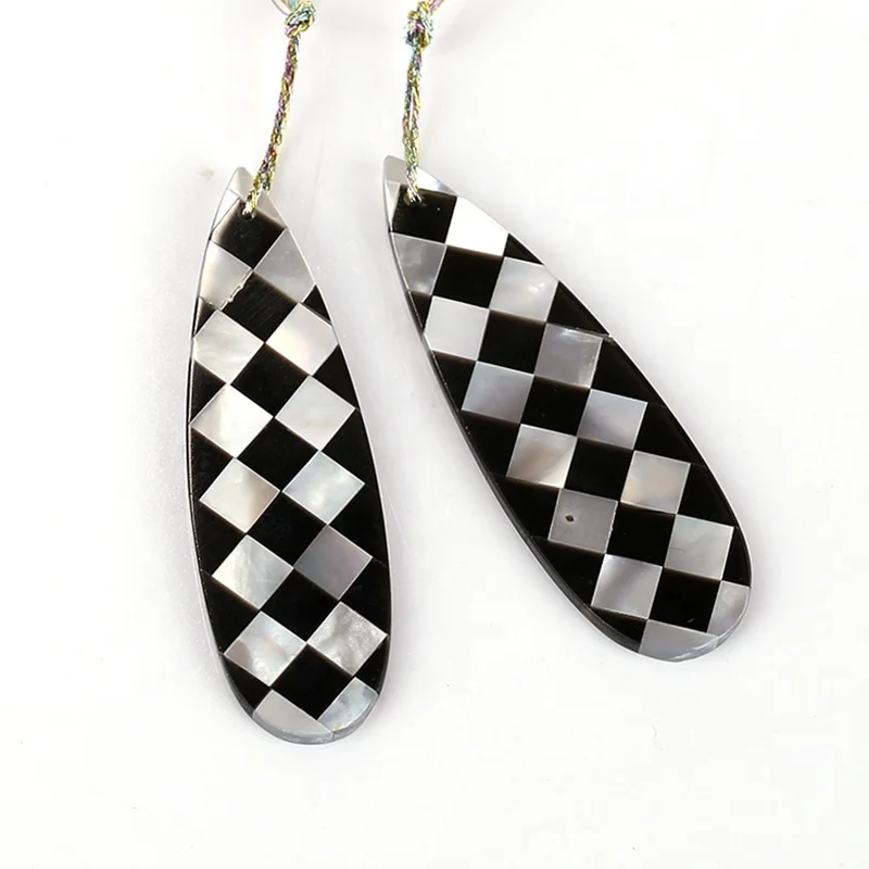 

New design! M.O.P and Obsidian Intarsia Teardrop Gemstone Earrings Bead, 42x13x2mm, 4.2g