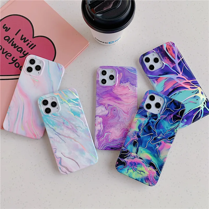 

Luxury Gorgeous Laser Marble Phone Case For iPhone 12 Mini 11 Pro XS Max SE 2020 Colorful Aurora Gradient Soft Back Cover