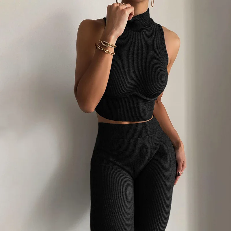 

2022 New Arrivals High Neck Tank Tops Women Two Piece Jogging Pants Sets Knitted High Quality Sweat Suits