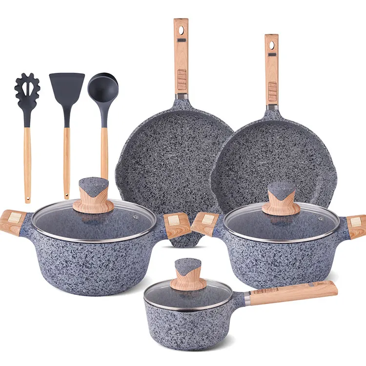 

2022 New Hot Products Kitchenware Die Casting Granite Steak Stone Non-stick Cookware Set With Glass Lid, Grey granite