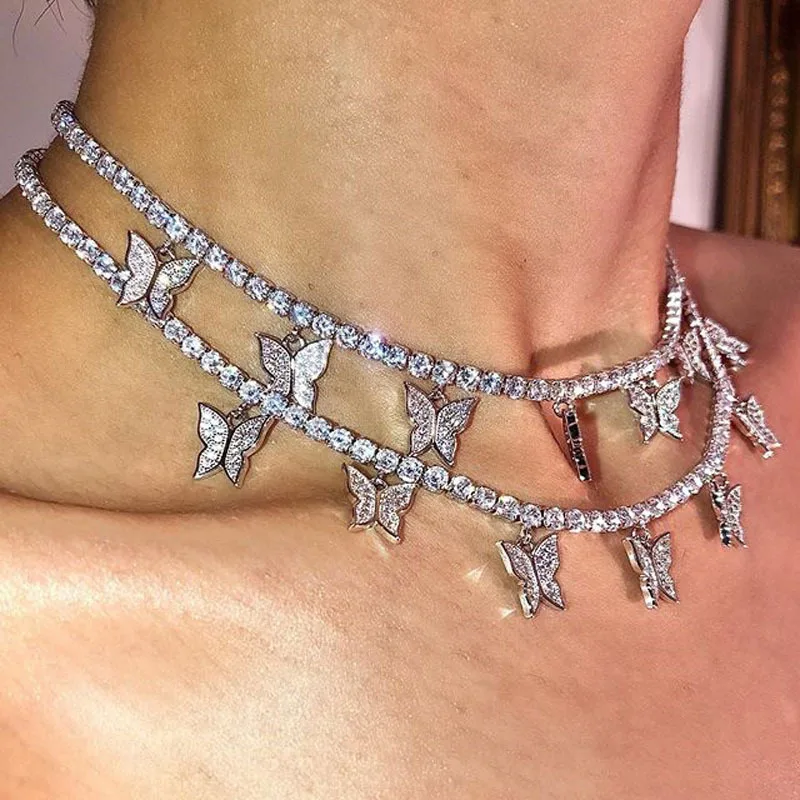 

Luxury Women Hips Hops Butterfly Choker Necklace Collar Iced Out Bling Crystal Tennis Chain Butterfly Choker Necklace