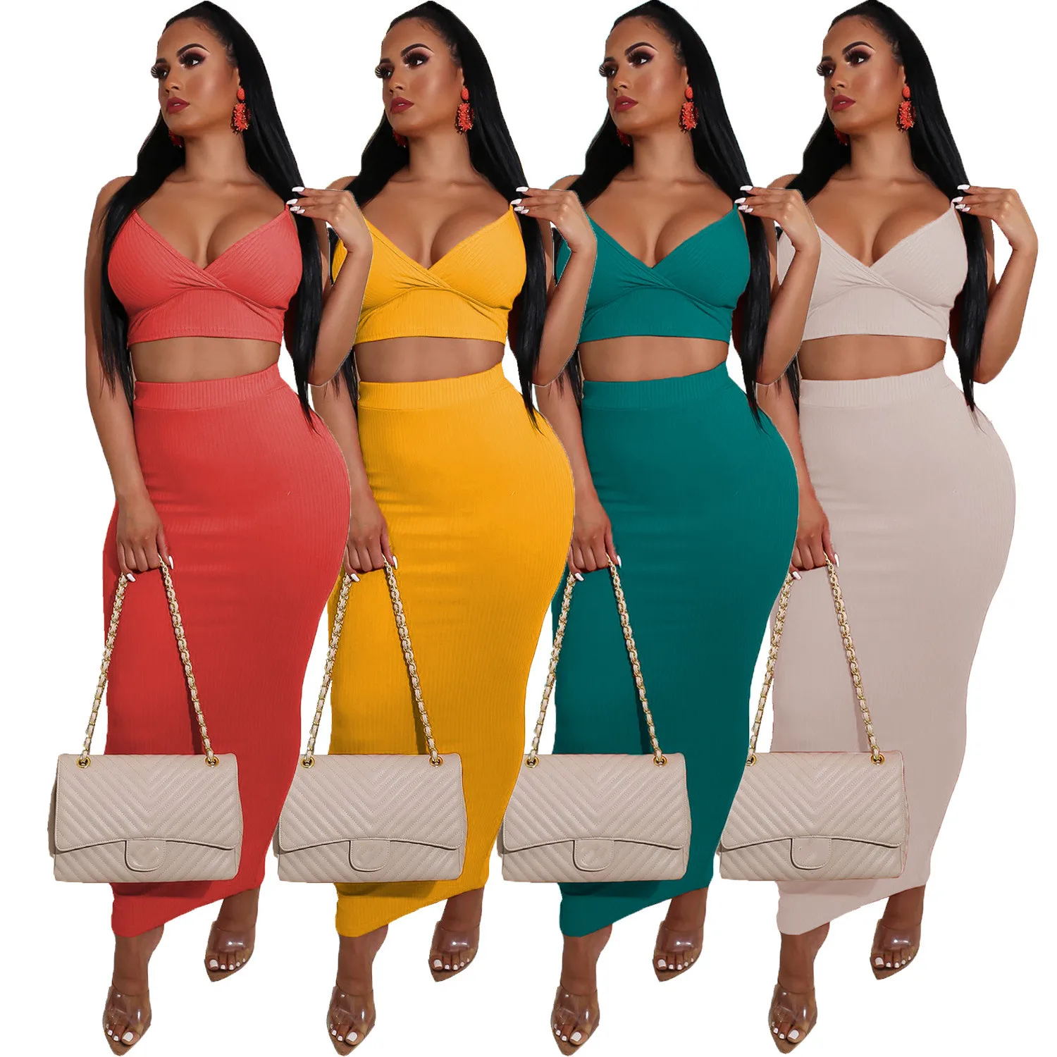 

Wholesale Fashion Summer Solid Bodycon Sexy Club Outfits For Women Y2k Halter Crop Top Two Piece Skirt Set, Picture color