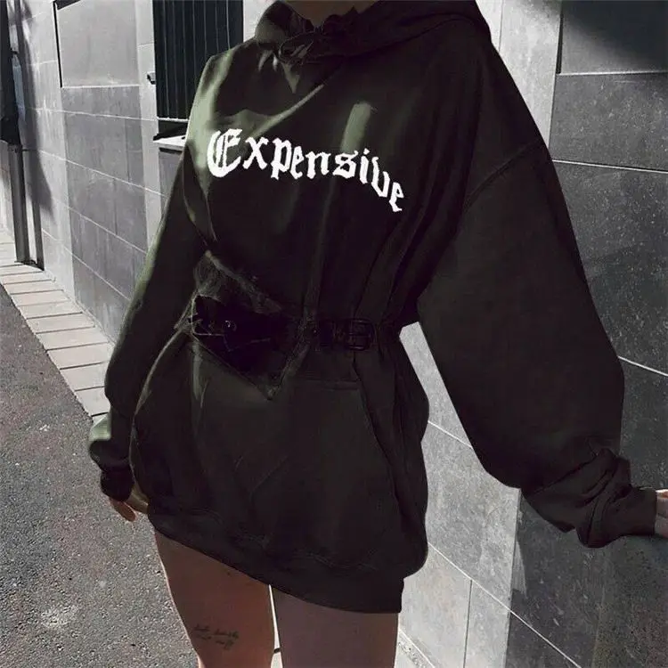 

Female Cotton Letter Hooded Sweatshirts Neon Long Streetwear Women Hoodies Dress With Pockets