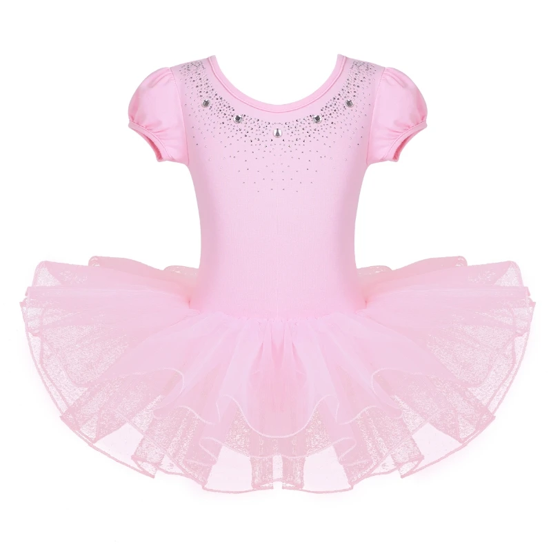 

Kids Girls Ballet Dance Tutu Dress Gymnastics Leotard Short Bubble Sleeves Sparkly Rhinestones Ballerina Dancewear