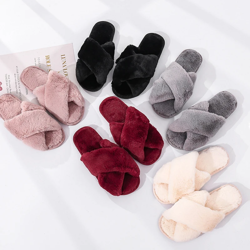 

Winter Women House Slippers Faux Fur Fashion Warm Shoes Woman Slip on Flats Female Slides Black Pink cozy home furry slippers