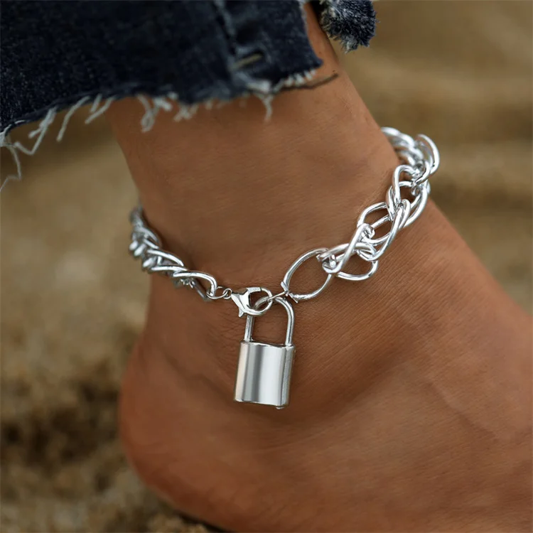 

New Thick Chain Hip Hop Style Anklet Creative Ins Cold Wind Lock Pendant Alloy Anklet, Gold