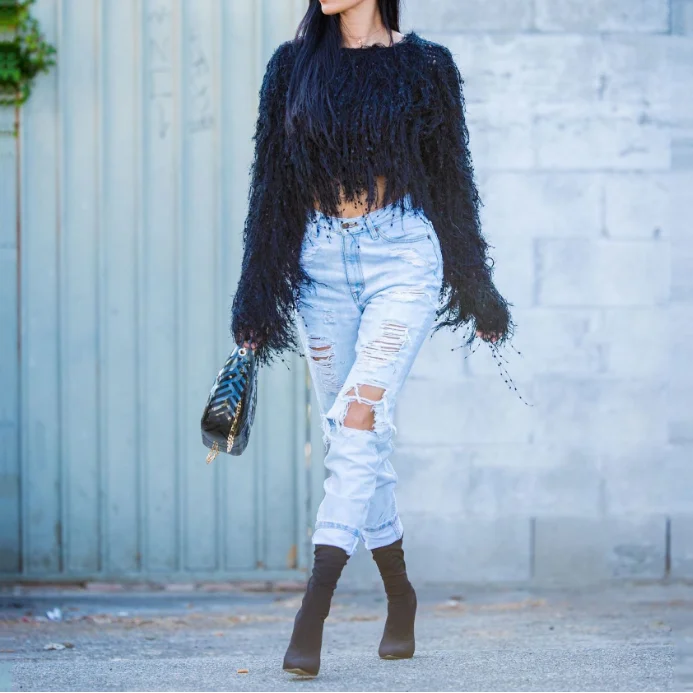 
fashion fringed clothing crop top shaggy sweater fringe mink sweater 
