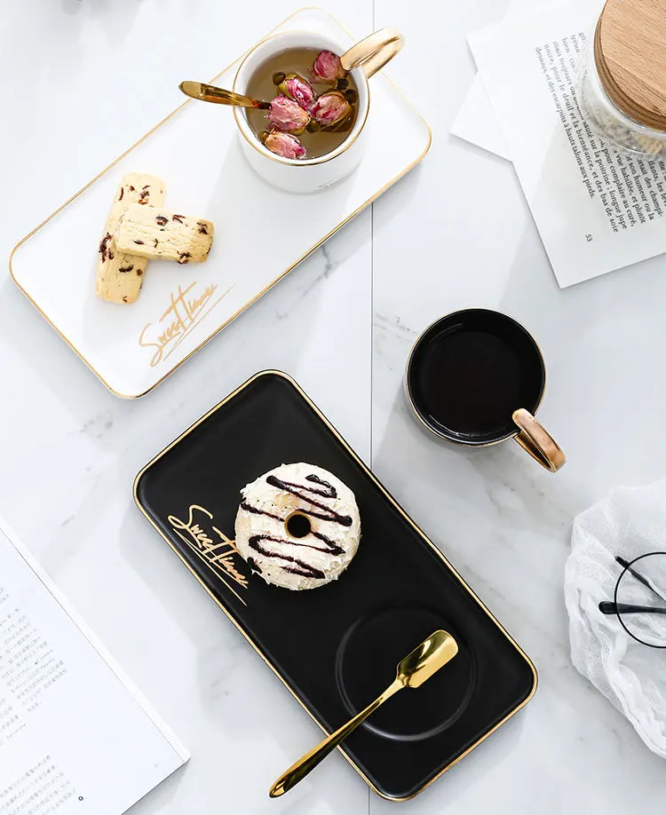 

European Simple Style Tea Cup Sets Ceramic with Plate Spoon Dinnerware Set Golden Outline Luxury Coffee Cups Set, White, black