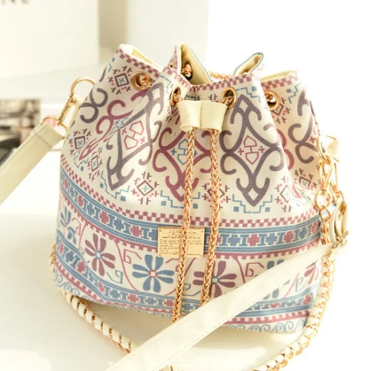 

2019 New Fashion Bohemia Style Canvas Drawstring Bucket Bag Pearl Shoulder Bags for Women