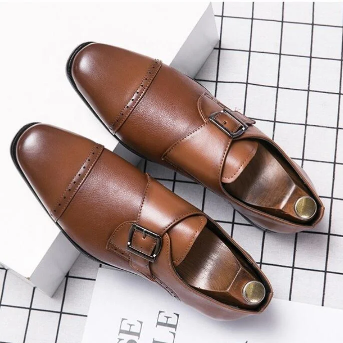 

Spring 2021 new splicing men's leather shoes casual artificial leather buckle style men's shoes comfortable and breathable, Black brown