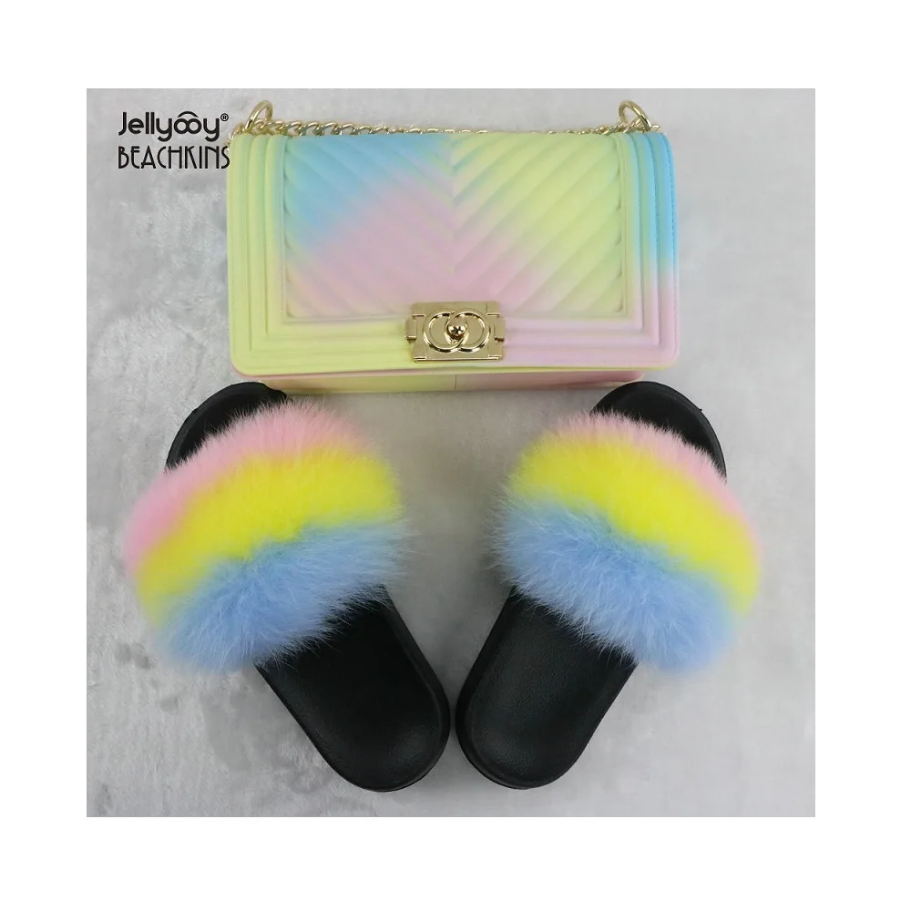 

BPF 2021 Hotsale Colorful Purse And Fur Slides Two Piece Set For Women