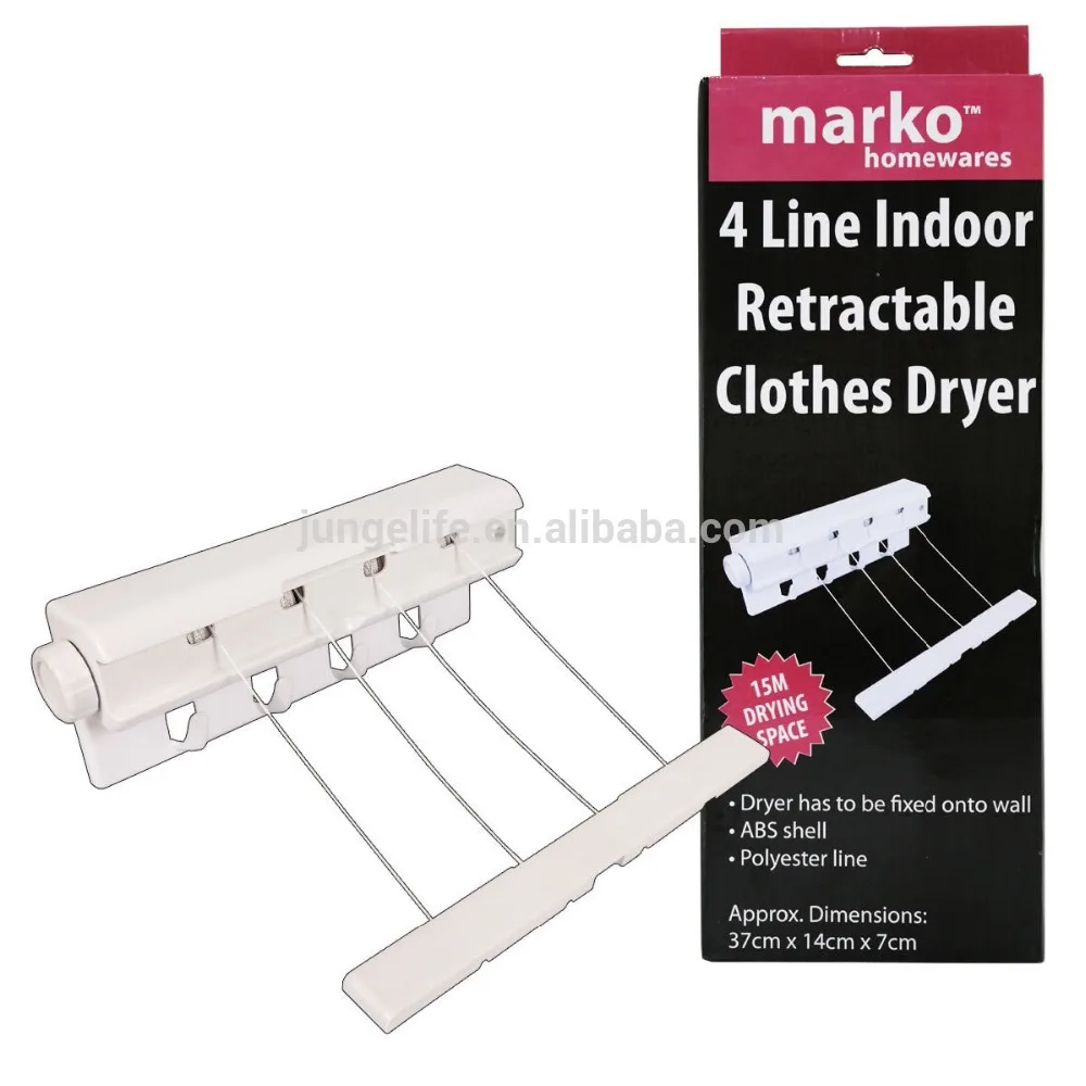 

wall mounted 4-line 15m retractable clothes washing line with hooks, White/grey