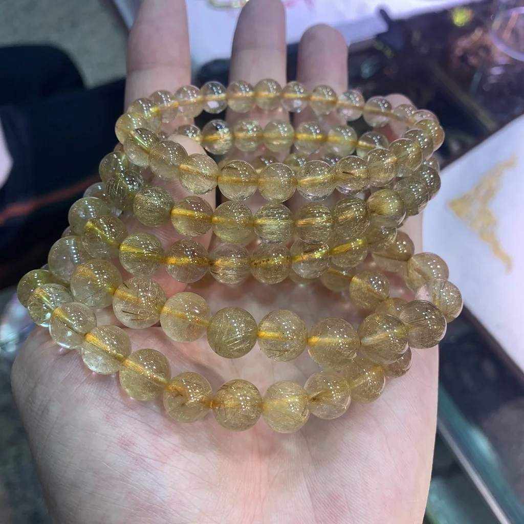 

Natural Golden Rutilated Quartz Beads  Smooth Natural Gemstone Crystal Citrine Beads Healing Bracelet, Golden yellow color