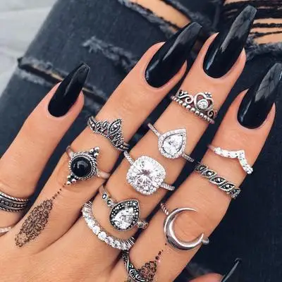 

10pc/set Ring Carved Cubic Zirconia Ring Set Ladies Retro Boho Fingertips Party Ring Girl Punk Jewelry Gift