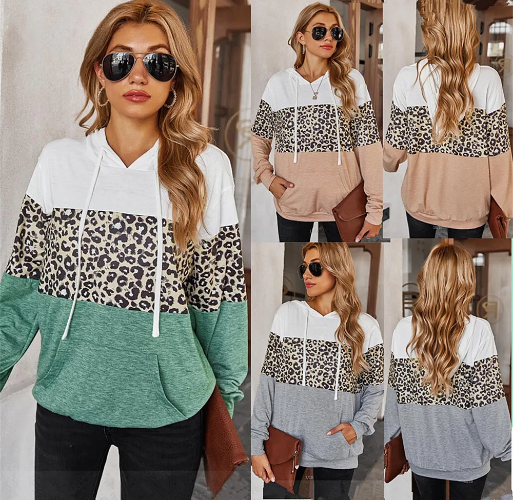 

2021 cross-border women's autumn stitching leopard print hooded top women, As pic