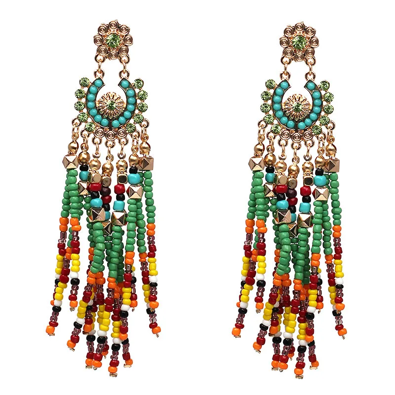 

High Quality Bohemia Ethnic Jewelry Vintage Alloy Diamond Flower Drop Earrings Colorful Seed Beads Tassel Drop Earrings, Picture